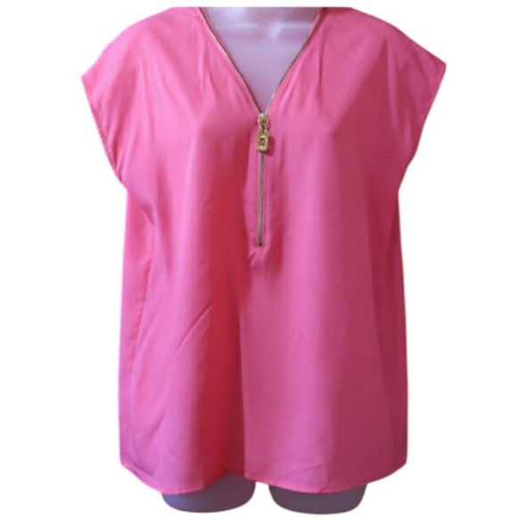 Michael Michael Kors Hot Pink Gold Zip V-Neck Blouse Relaxed Cap Sleeve Medium - Picture 1 of 10
